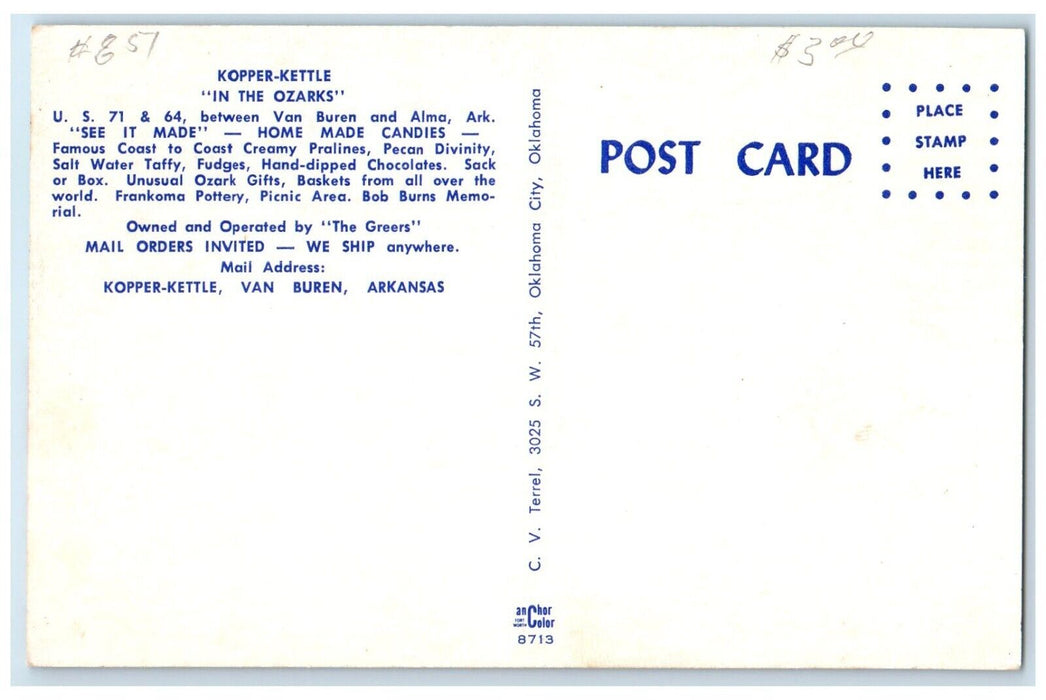 c1960's Kopper Kettle Frankoma Pottery Candies Van Buren Arkansas AR Postcard