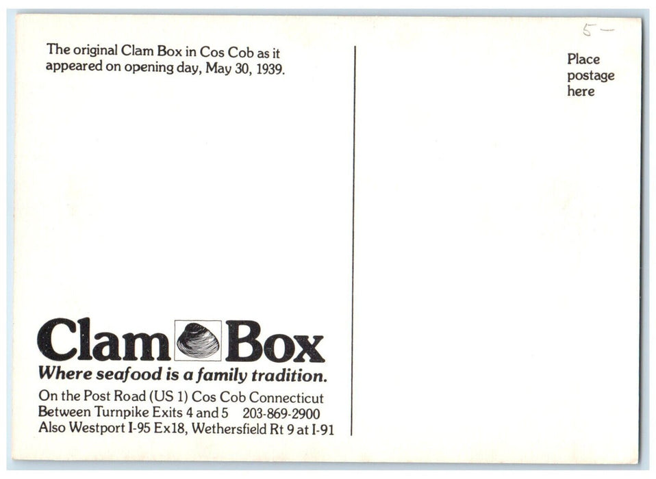 c1939 Clam Box Seafood Family Tradition Turnpike Cos Cob Connecticut CT Postcard