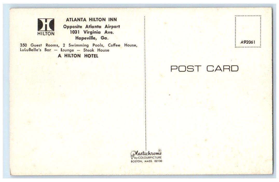 c1950's Atlanta Hilton Inn Hotel Swimming Pool Hapeville Georgia GA Postcard