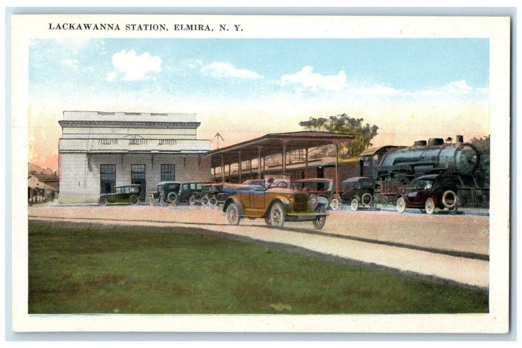 c1920's Lackawanna Station Depot Railroad Train Cars Elmira New York NY Postcard