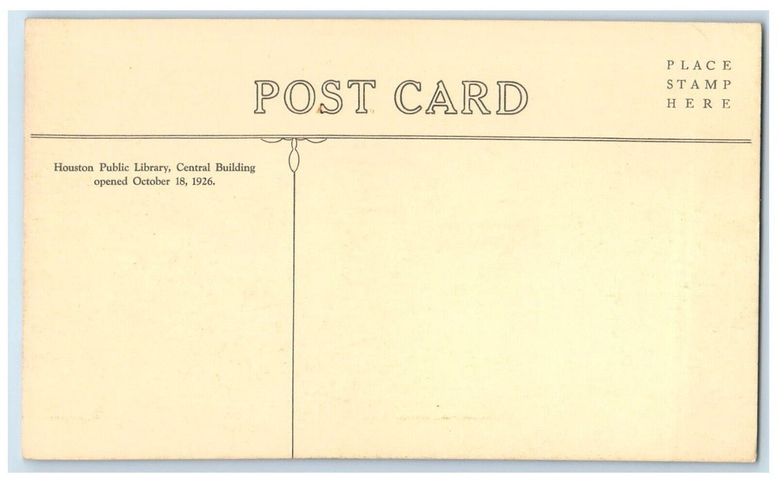1926 Houston Public Library Central Building Houston Texas TX Postcard