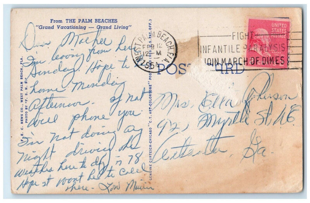 1954 Its Great To Be West Palm Beaches Grand Vacationing Florida Posted Postcard