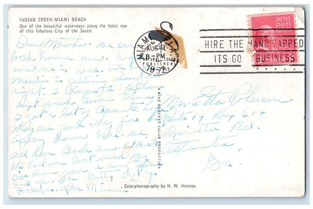 1952 Scenic View Waterways Indian Creek Miami Beach Florida FL Posted Postcard