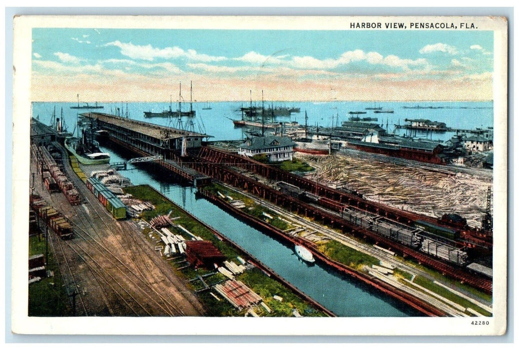 1936 Birds Eye View Harbor View Steamer Ship Pensacola Florida Posted Postcard