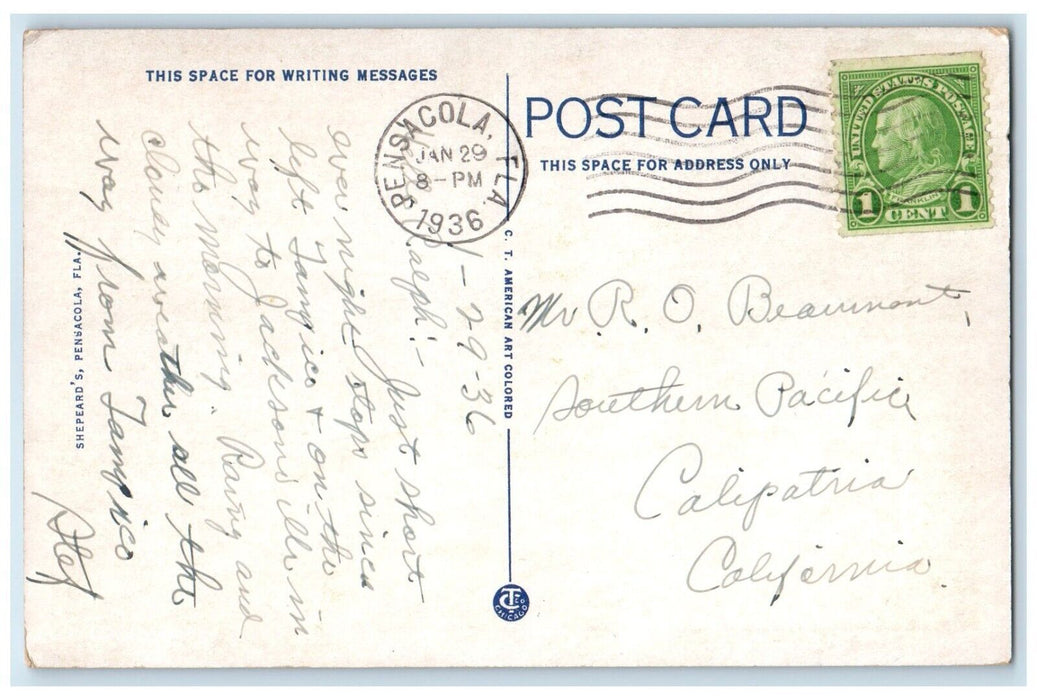 1936 Birds Eye View Harbor View Steamer Ship Pensacola Florida Posted Postcard