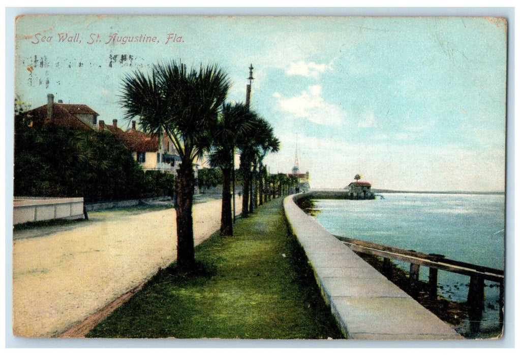 1910 Beach Palm Trees Sea Wall St Augustine Florida FL Posted Antique Postcard