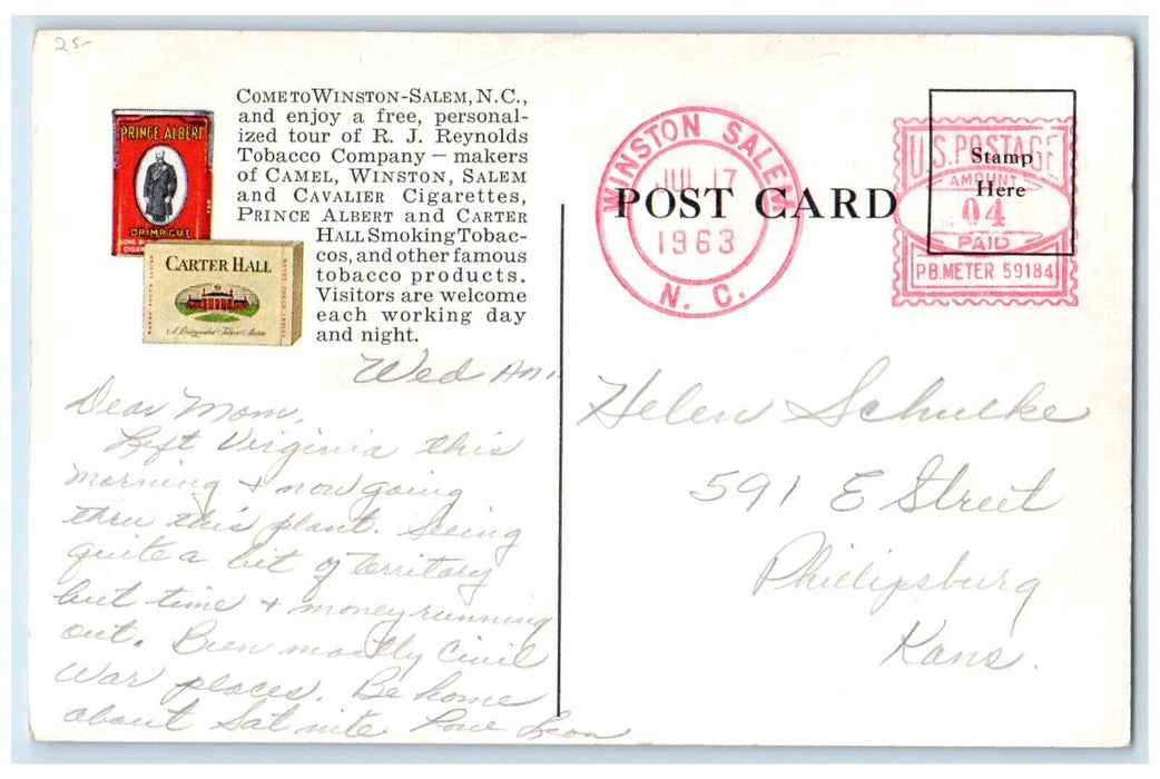 1963 RJ Reynolds Tobacco Co. Cigarettes Winston Salem NC Advertising Postcard