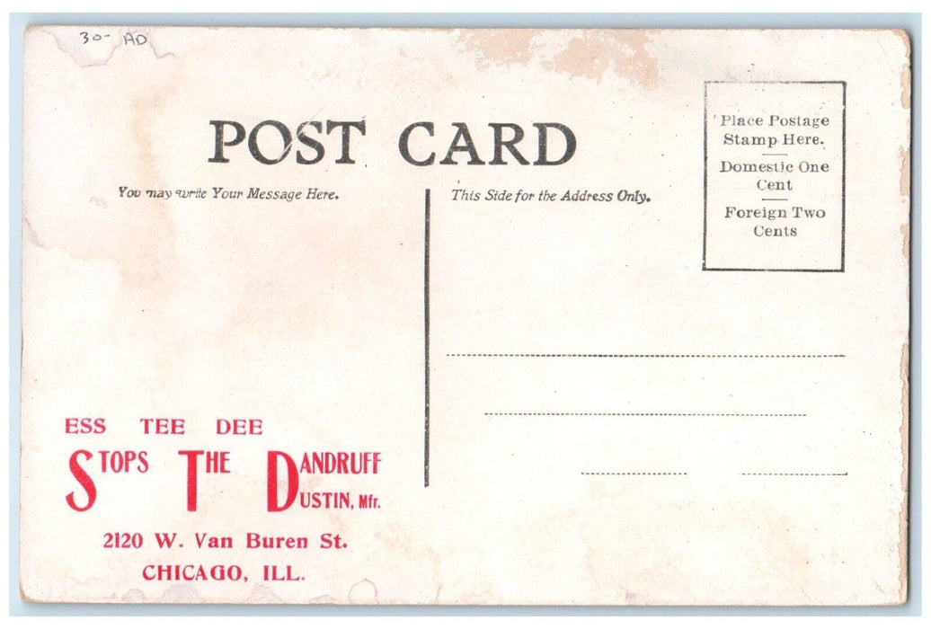 c1910's Couple Romance Stops The Dandruff Dustin Chicago IL Advertising Postcard