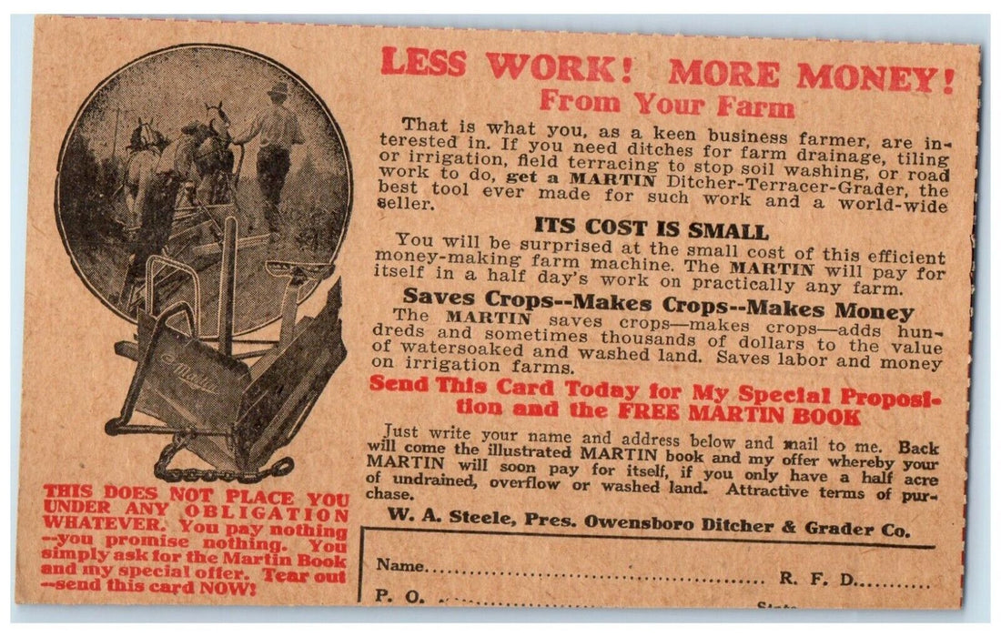 Martin Terracer WA Steele Pres Owensboro Ditcher Grader Co. Advertising Postcard