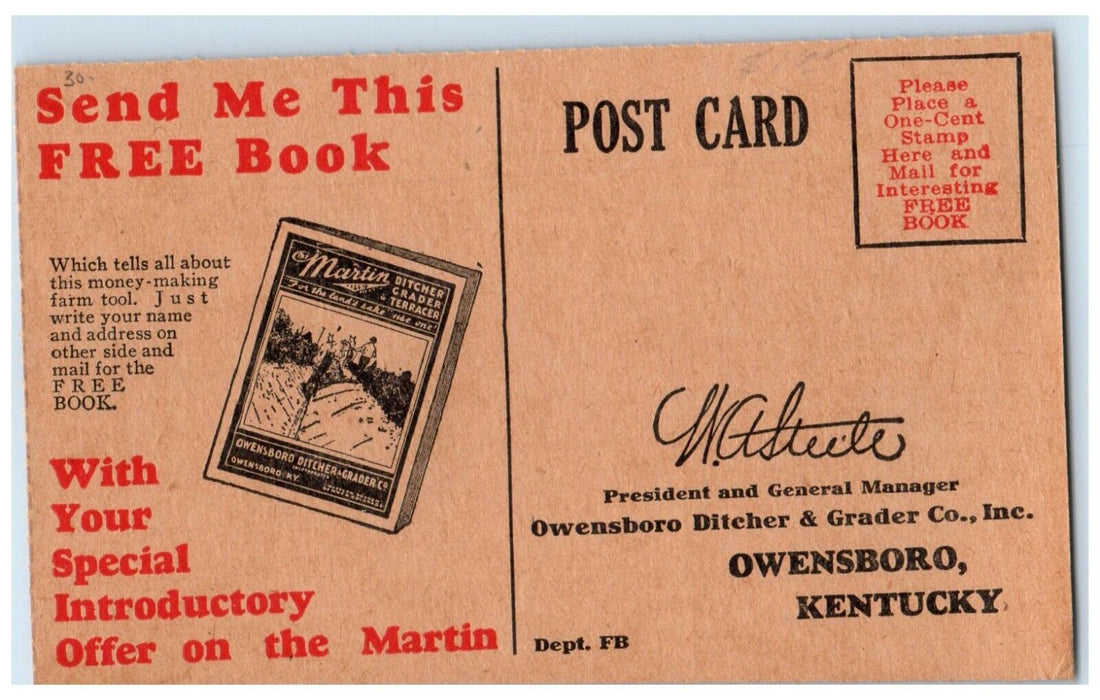 Martin Terracer WA Steele Pres Owensboro Ditcher Grader Co. Advertising Postcard