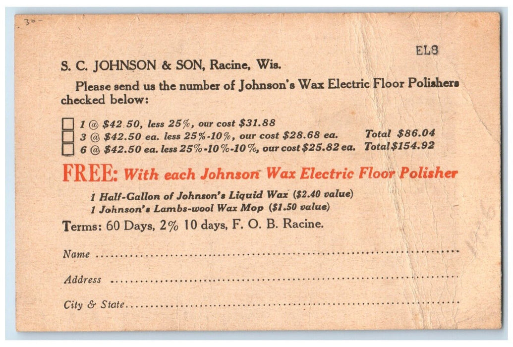 c1905 Liquid Wax SC Johnson & Son Racine Wisconsin WI Advertising Postcard