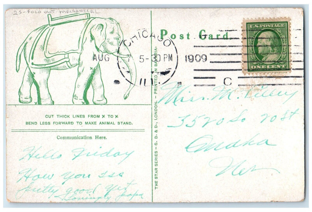 1909 Big Elephant Fold Out Mechanical Chicago Illinois IL Antique Postcard