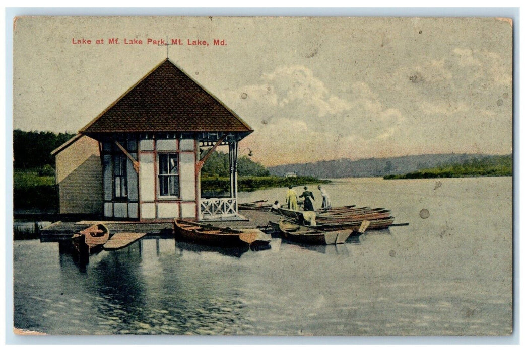 1909 Lake Mt. Lake Park Boat Canoe Exterior River Mt. Lake Maryland MD Postcard