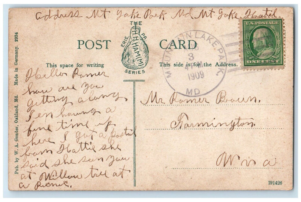 1909 Lake Mt. Lake Park Boat Canoe Exterior River Mt. Lake Maryland MD Postcard
