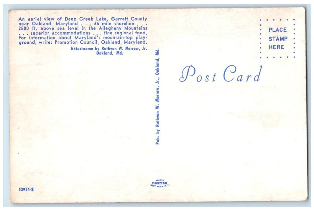 c1960 Aerial View Deep Creek Lake River Garrett County Oakland Maryland Postcard