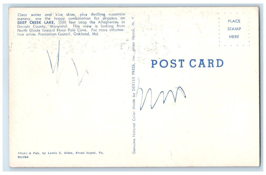 1960 Clear Water Blue Skies Thrilling Mountain Deep Creek Lake Maryland Postcard