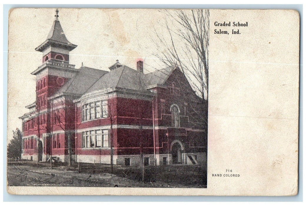 1908 Graded School Building Scene Street Salem Indiana IN Antique Postcard