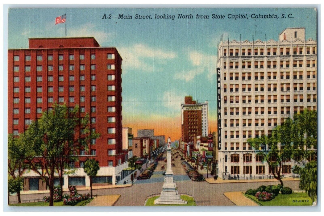 1954 Main Street Looking North State Capitol Columbia South Carolina SC Postcard