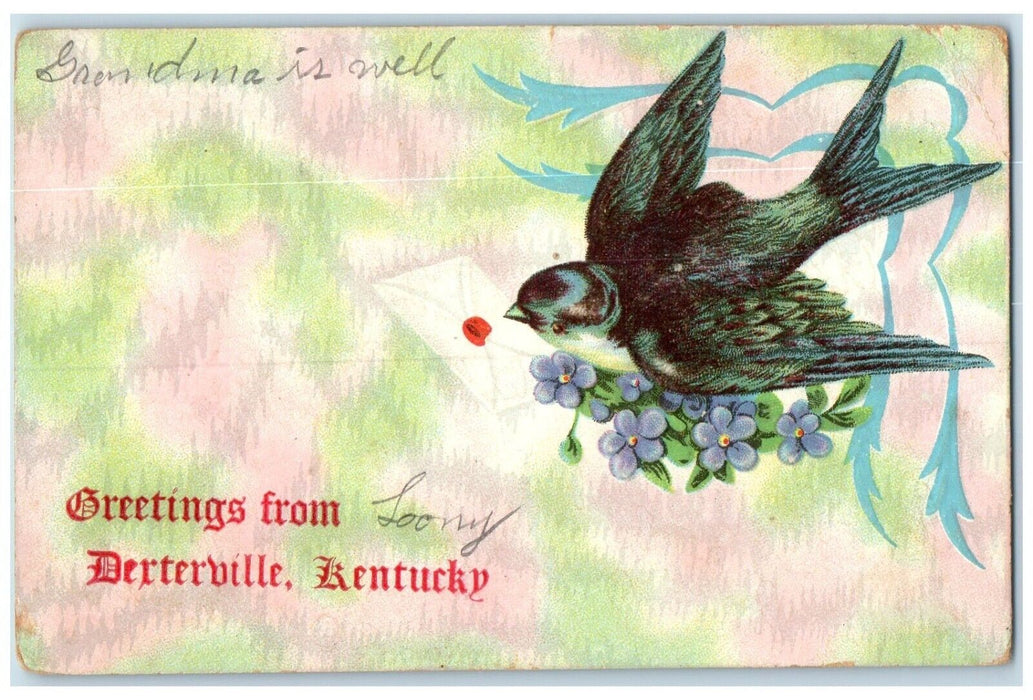 1910 Greetings From Dexterville Kentucky KY, Bird Flowers Antique Postcard