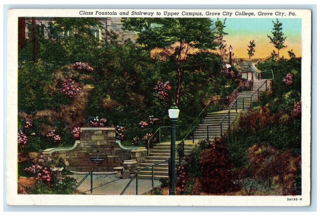 c1940 Class Fountain Stairway Upper Campus Grove College Pennsylvania Postcard