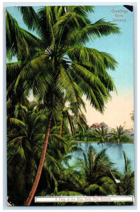 c1910 Peep at the Blue Hole Port Antonio Greetings from Jamaica Postcard