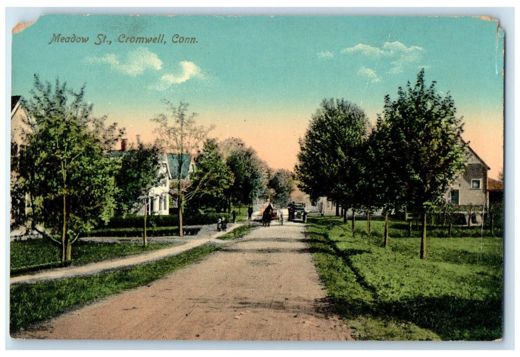c1910 Meadow St. Horse Carriage Classic Car Road Cromwell Connecticut Postcard