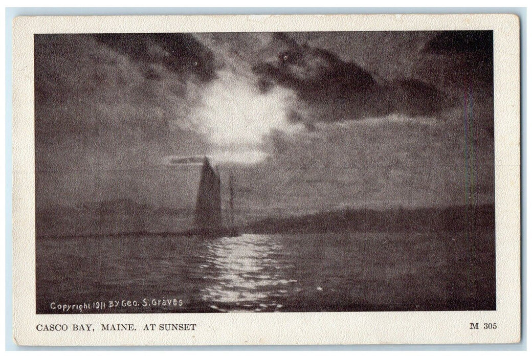 c1920 Sunset Sailboat Sea River Lake Casco Bay Maine ME Vintage Antique Postcard