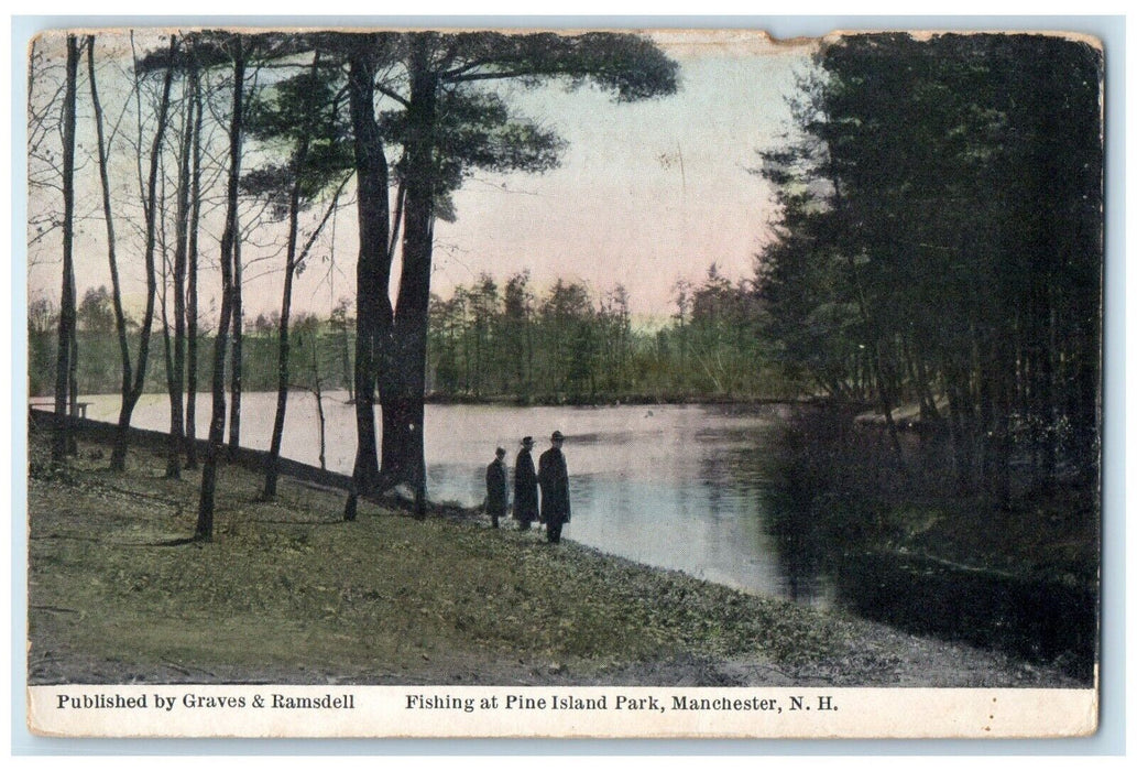 1913 Fishing Pine Island Park River Manchester New Hampshire NH Vintage Postcard