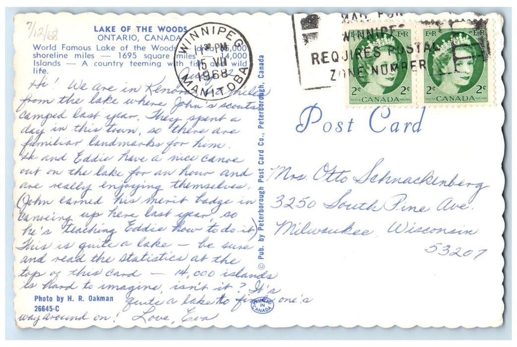 1968 A Country Teeming with Fish Lake of the Woods Ontario Canada Postcard