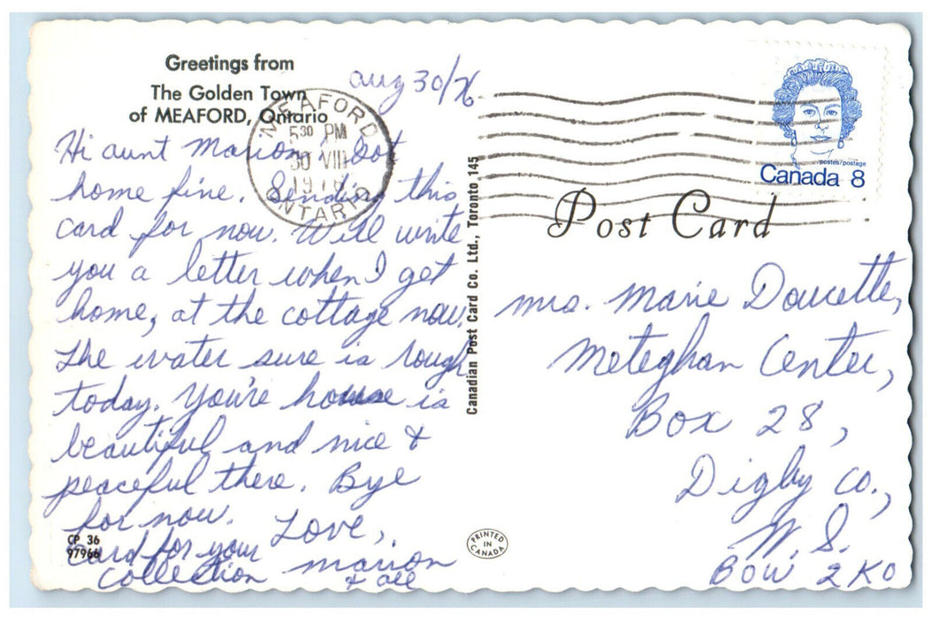 1976 Greetings from The Golden Town of Meadford Ontario Canada Postcard