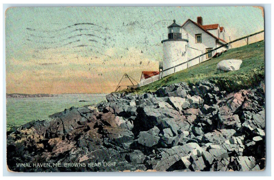 1908 Browns Head Light Lighthouse Exterior Rocks  Vinal Haven Maine ME Postcard