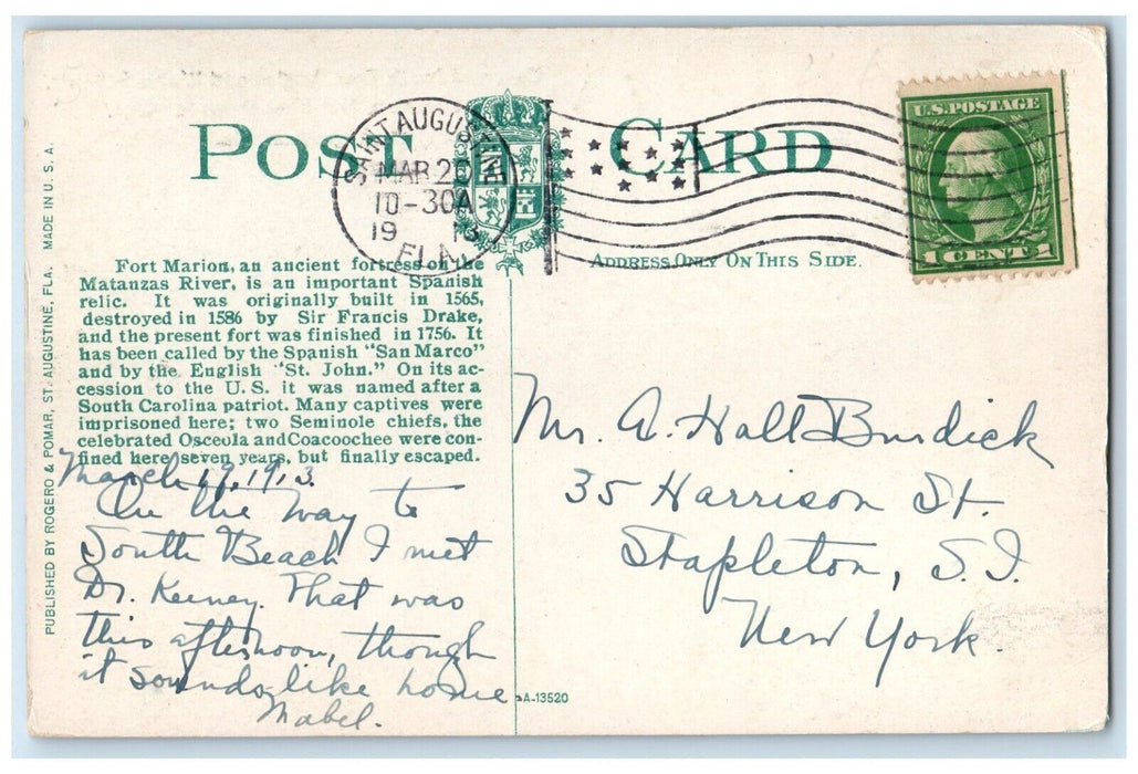 1913 Water Battery Fort Marion Hot Shot Oven Moat St Augustine Florida Postcard