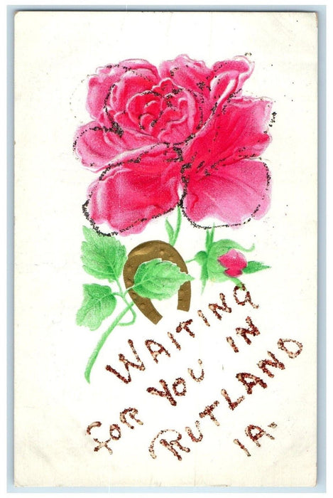 1908 Flowers Horseshoe Waiting For You In Rutland IA, Glitter Embossed Postcard