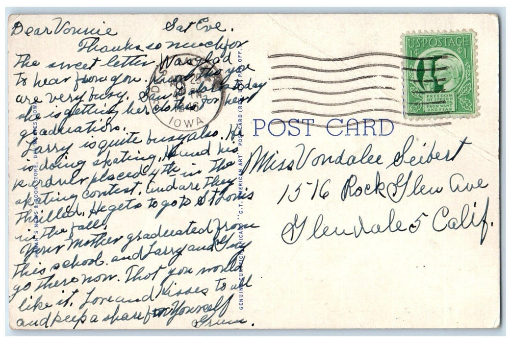 1946 Aerial View Of Roosevelt High School Des Moines Iowa IA Vintage Postcard