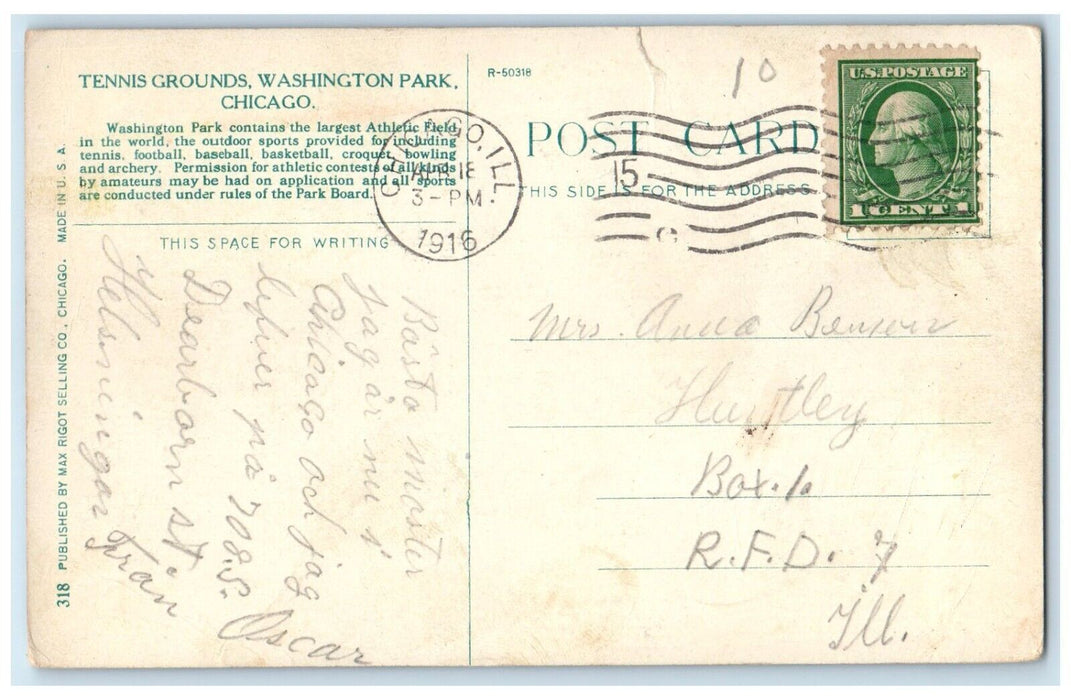 1916 Tennis Grounds Washington Park Chicago Illinois IL Posted Antique Postcard