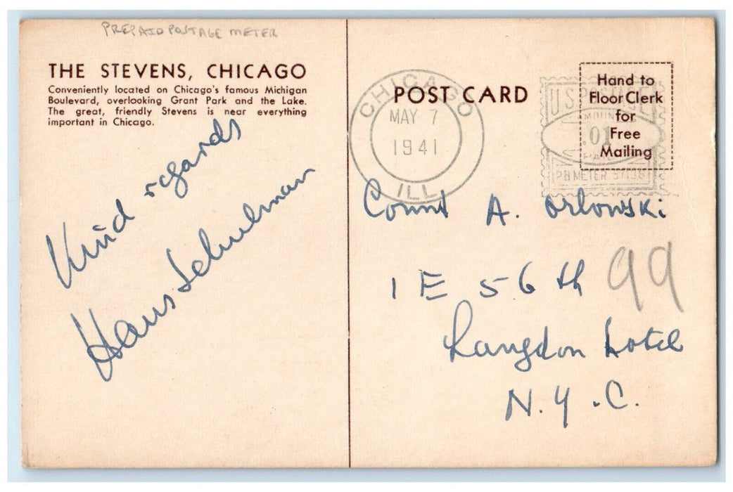1941 The Stevens Overlooking Lake Michigan Chicago Illinois IL Antique Postcard