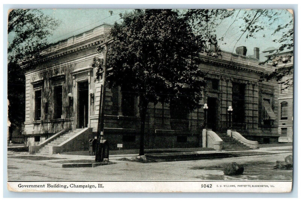 1909 Government Building Street View Champaign Illinois IL Antique Postcard
