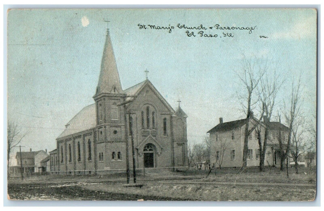 1911 St. Mary's Church Parsonage El Paso Illinois IL Posted Antique Postcard