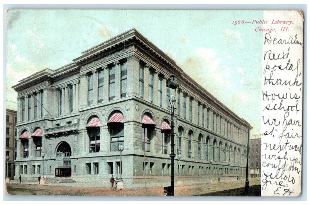 1907 Public Library Building Street View Chicago Illinois IL Antique Postcard