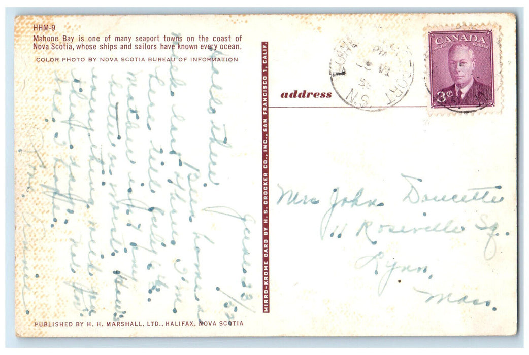 1952 Mahone Bay Seaport Town On The Coast of Nova Scotia Canada Postcard