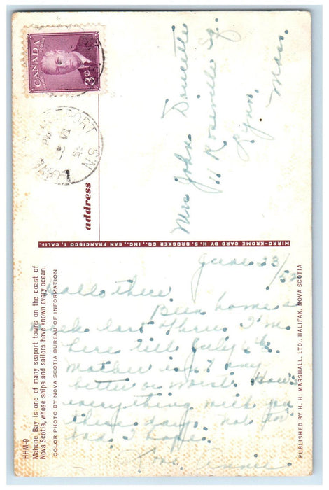 1952 Mahone Bay Seaport Town On The Coast of Nova Scotia Canada Postcard