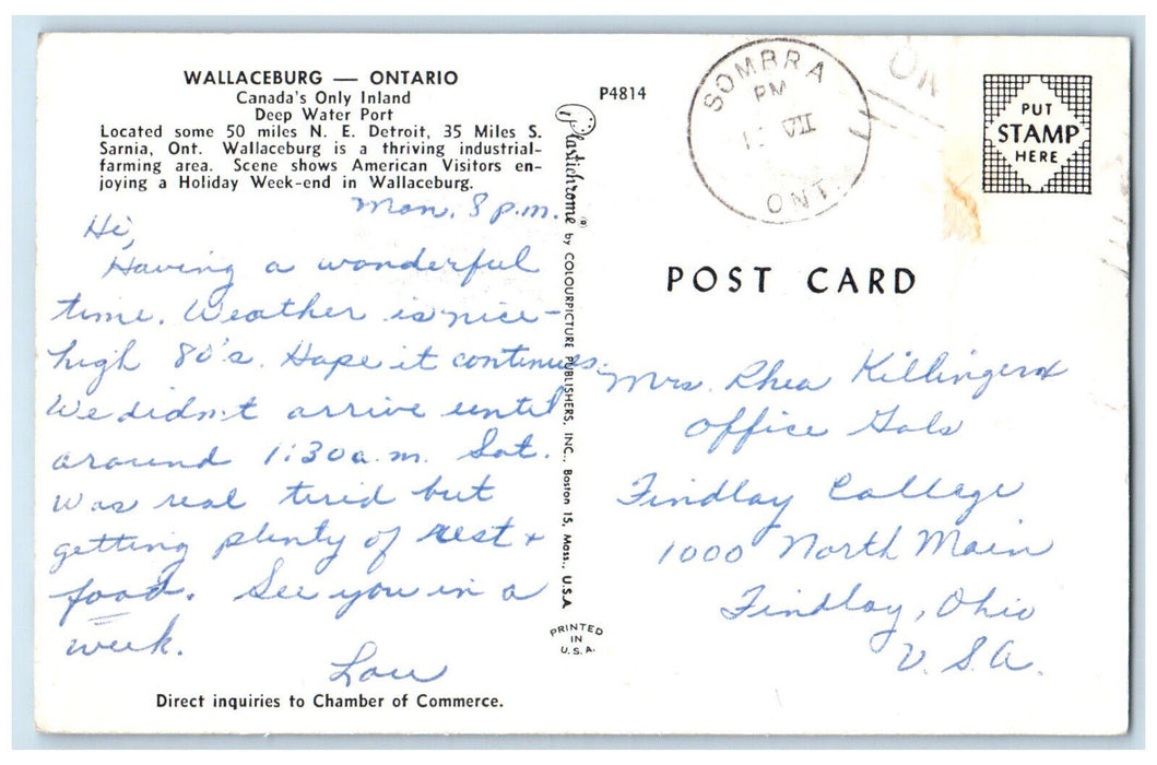 c1950's Steamship Inland Deep Water Port Wallaceburg Ontario Canada Postcard