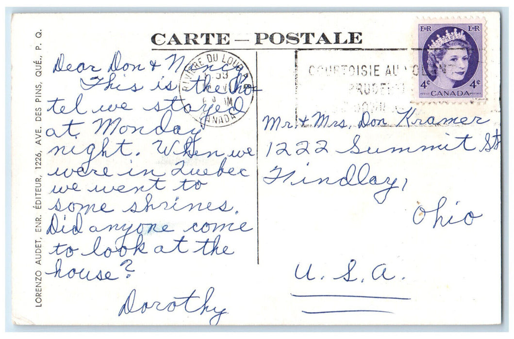 1953 Croissant D'Or Hotel & Restaurant Riviere Du Loup Quebec Canada Postcard