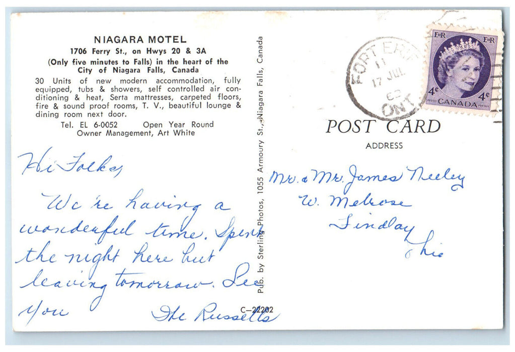1963 Niagara Motel Ferry Street City of Niagara Falls Canada Postcard
