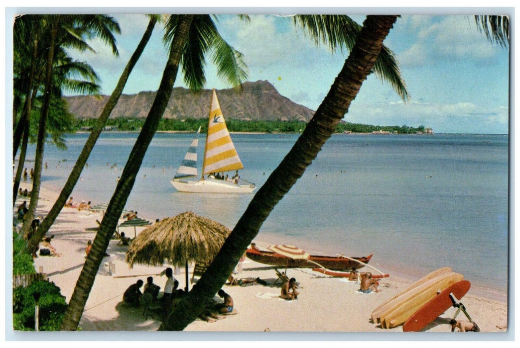 c1960 Diamond Head Catamaran Outrigger Kii Palms Halekulani Hawaii HI Postcard