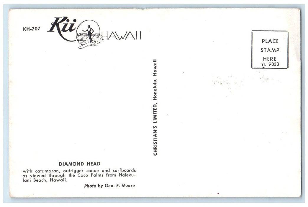 c1960 Diamond Head Catamaran Outrigger Kii Palms Halekulani Hawaii HI Postcard