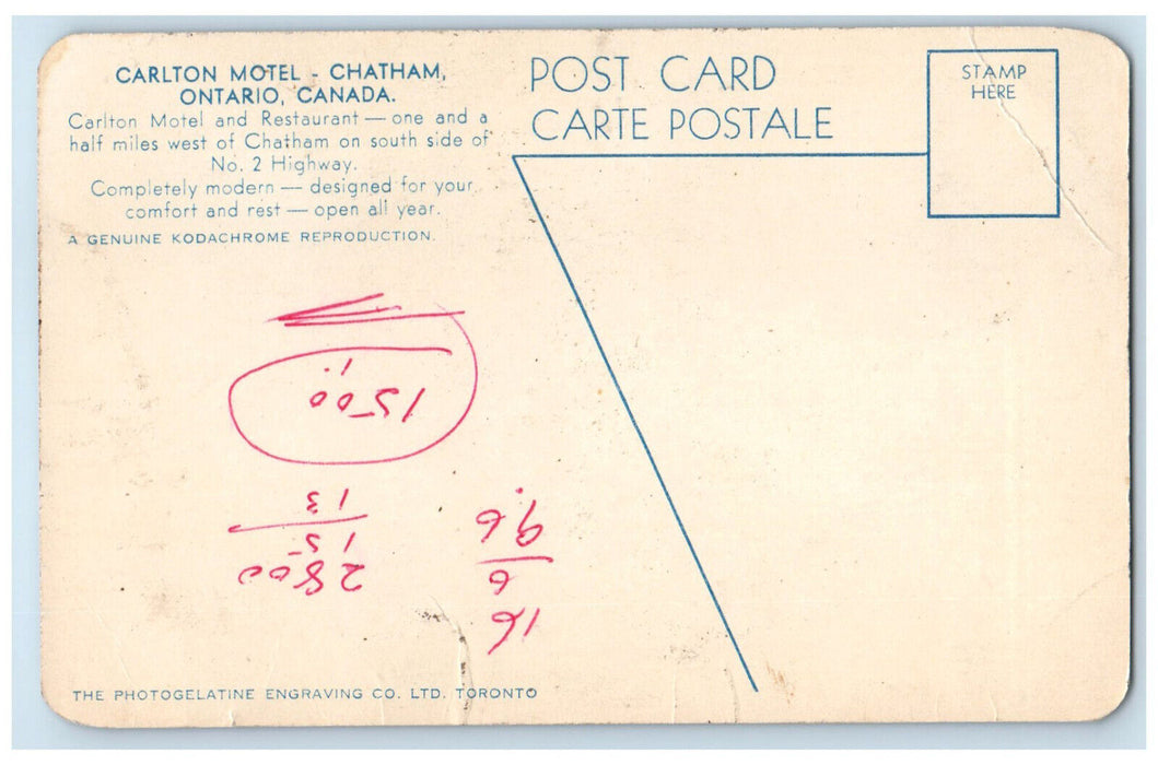 c1950's Carlton Motel Chatham Ontario Canada Vintage Unposted Postcard
