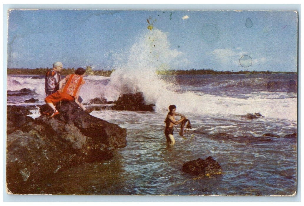 c1960 Net Fishing Hana-Maui Sea Waves Beach Rocks Hawaiian Islands HI Postcard