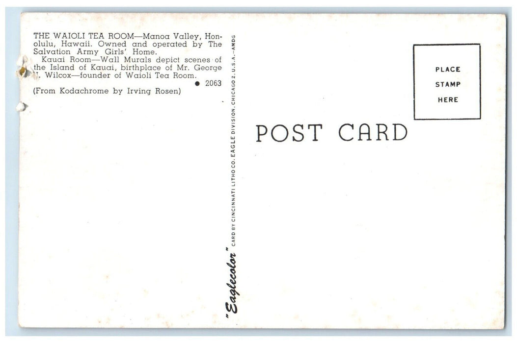 c1960 Waioli Tea Room Manoa Valley Salvation Army Home Honolulu Hawaii Postcard
