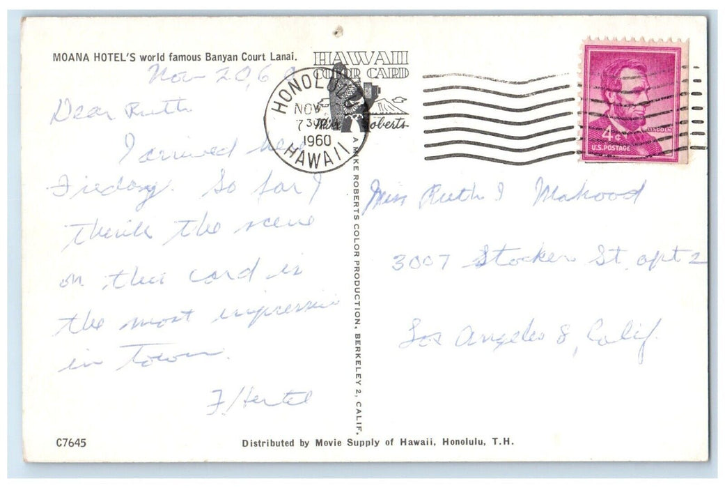 1960 Moana Hotel's World Famous Banyan Court Lanai Honolulu Hawaii HI Postcard